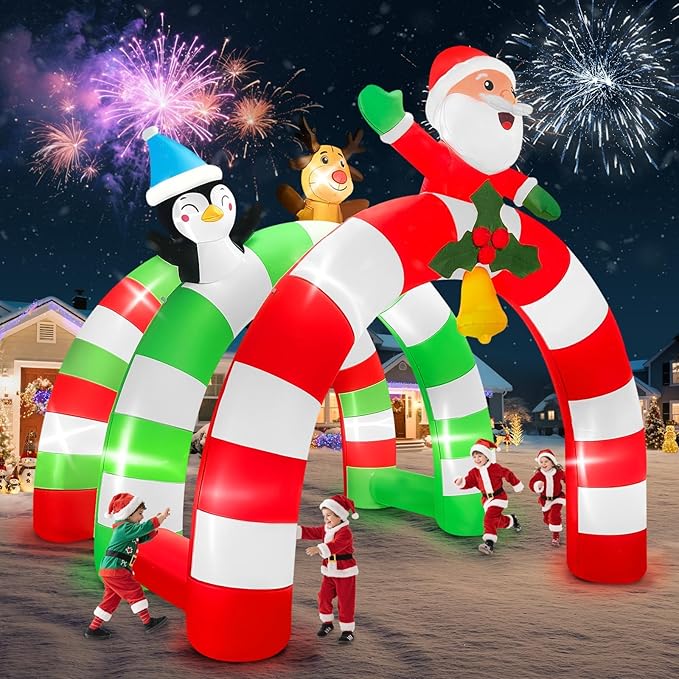 12FT Christmas Inflatable Archway with LED Light, Kalolary Santa Elk Inflatable Tunnel Stereoscopic Xmas Penguin Arch Inflatables Christmas Blow up Outdoor Decoration for Yard Lawn Party Shopping Mall