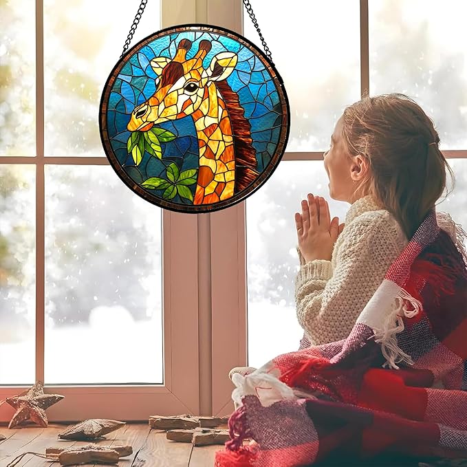 Stained Glass Window Hanging Orange Giraffe Blue Green Leaves 9.8" - Suncatcher Door Garden Sunroom Sun Catcher Home Decor Birthday Christmas for Mom Men Woman Nana