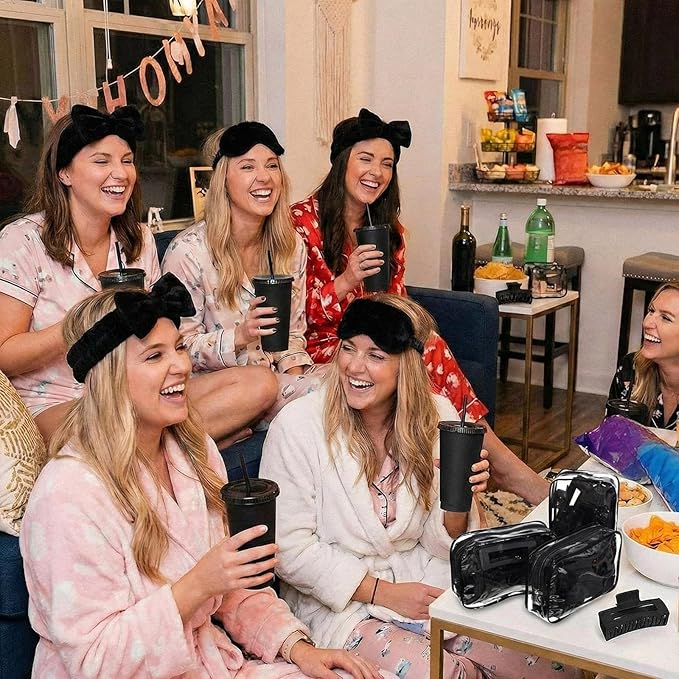 30 Pcs Spa Party Favors for Women Sleepover Party Supplies 6 Bow Headband 6 Eye Mask 6 Hair Clip 6 Cosmetic Bag 6 Glitter Plastic Cup for Adult Spa Birthday Bachelorette Gift(Black)