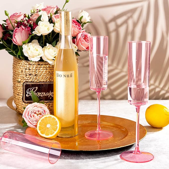Ciaell 24 Pack Pink Plastic Champagne Flutes - Pink 6 Oz Disposable Champagne Glasses - Square Plastic Toasting Glasses for Party Birthday Anniversary Wedding & Valentine's Day