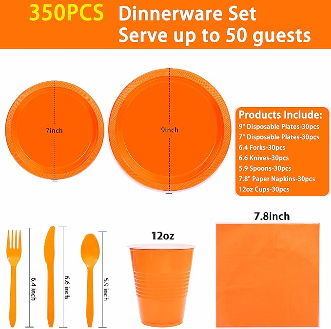 MirthMood 350PCS Orange Plastic Plates,Orange Disposable Plates Set– Plastic Plates Set Includes 50 Dinner,50 Dessert Plate,50 Cup&50 Napkins, 50 Silverware for Wedding & Birthday Parties
