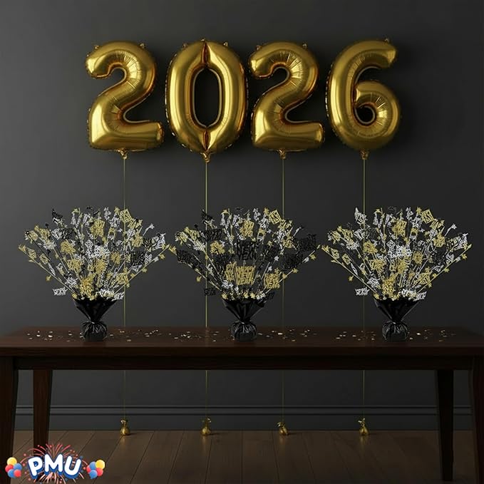 PMU 12Pc New Year's Eve Bursting Centerpiece for Table Decor, Table Balloon Weights| for Theme Party Decorations Supplies Black |15in