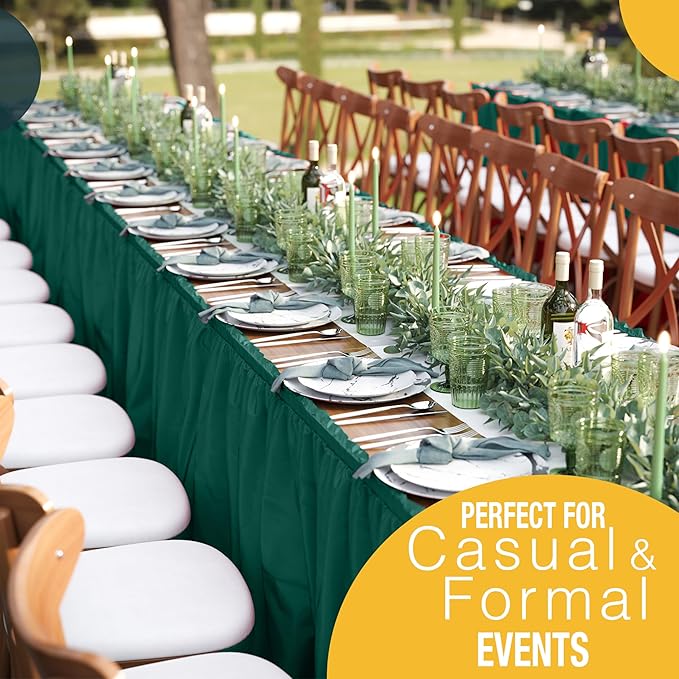 Exquisite Ruffle Table Skirt Dark Green 12 Pack 14 Ft Long Table Skirts for Rectangle Tables 6ft Plus or Round Tables Skirts with Adhesive Strip for Gender Reveal Decor & Happy Birthday Parties