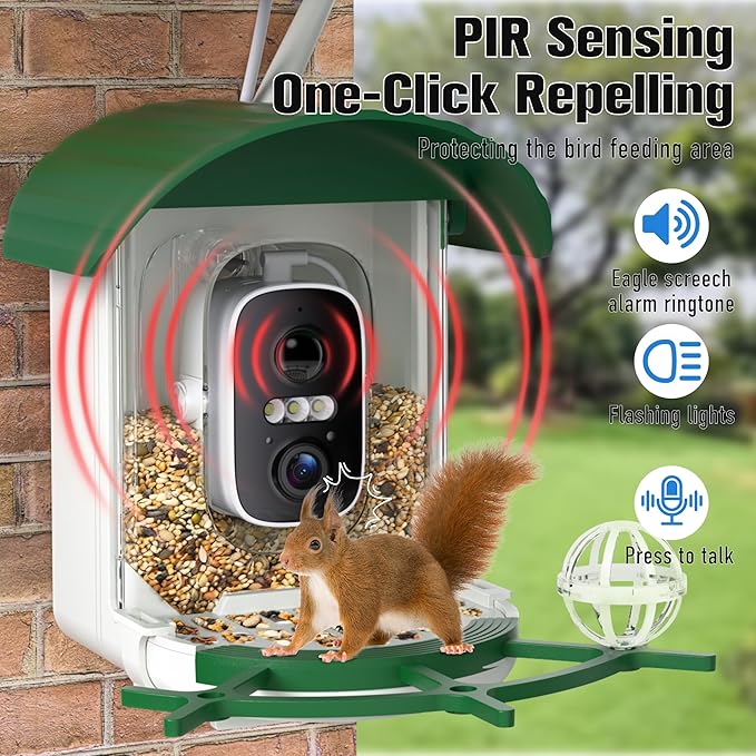 Bird Feeder with Camera 3W Solar Powered Panel Valentines Day Gifts: Smart Bird Feeder for Outdoors with AI Birds Identify Auto Capture, 2K Live Video, Ideal Gift for Parents Men Women(Green)