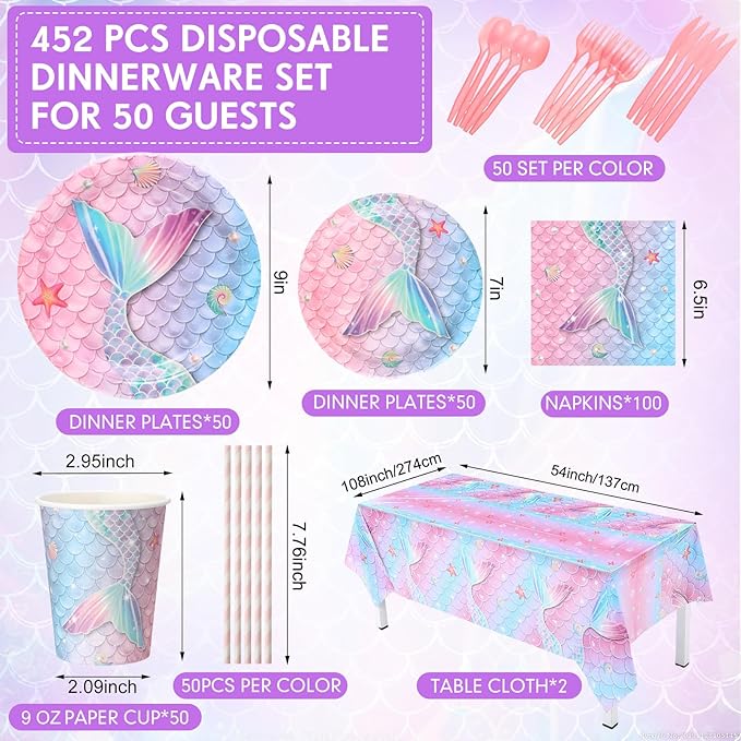 452 Pcs Mermaid Party Decorations Include Sea Mermaid Paper Plates Napkins Cups Tablecloth Cutlery Straws Ocean Tableware for Baby Shower Birthday Party Supplies