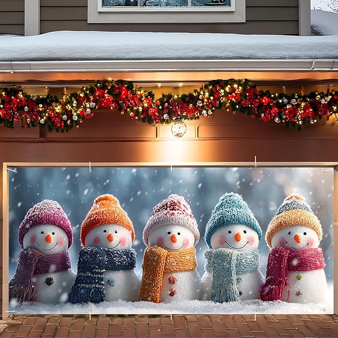 Christmas Garage Door Banner 7x16FT, Colorful Snowmen Family with Winter Scarves, Large Outdoor Xmas Garage Door Cover, Decoration for Driveways, Holiday Parties and Winter Festivities