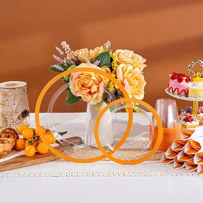 I00000 350 Pcs Clear Orange Plates for 50 Guests, Orange Disposable Plates Set Include 10" Dinner Plate, 7" Dessert Plate, 50 Cups, 50 Pre Rolled Napkins with Cutlery Set for Party and Wedding