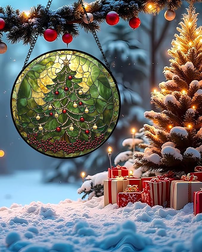 Stained Glass Window Hanging - Retro Green Christmas Tree Suncatcher for Doors Home Christmas Decoration Sun Catcher Thanksgiving New Year Birthday Gifts for Women Men Mom Nana 15 in