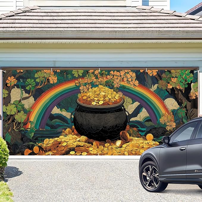 Pot of Gold St. Patrick’s Day Garage Door Banner 7x16FT, Lucky Clover & Rainbow Garage Door Cover, Outdoor Decoration for Yard & Garage on St. Patrick’s Day