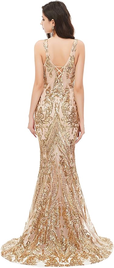 Women's Double V-Neck Sequins Lace-up Mermaid Evening Dress