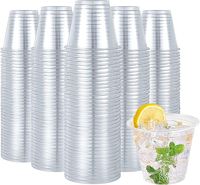 Turbo Bee 600 Pack 9 oz Clear Plastic Cups, Disposable Reusable Tumblers Crystal Clear PET Cups for Wedding, Thanksgiving, Halloween, Christmas Party