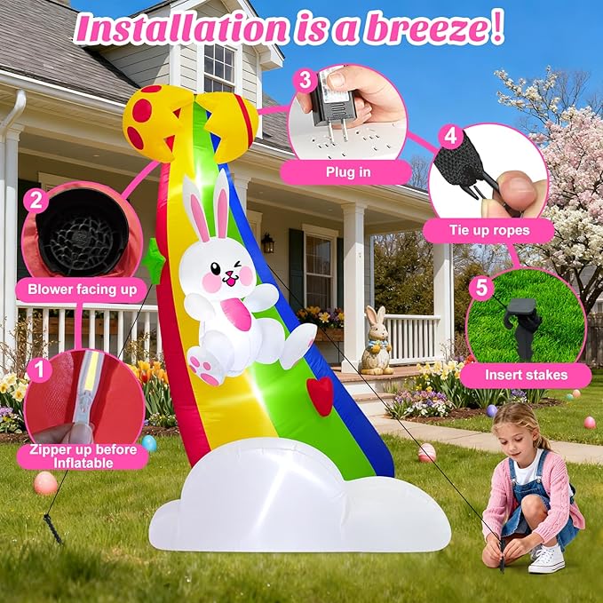 MICOCAH 6FT Tall Easter Inflatable Outdoor Decoration Cute Blow Up Bunny Sliding on Rainbow, Built-in LED Light Blowups Egg Yard Decor for Outside, Lawn, Patio, Garden, Spring, Holiday, Party