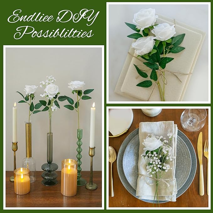 HyeFlora 35 PCS Artificial White Roses with 15 PCS Fake Baby Breath Realistic Fake Flowers Bouquet with Stem for DIY Wedding Party Home Decoration Vase Tables Centerpieces Arrangements Gift for Her