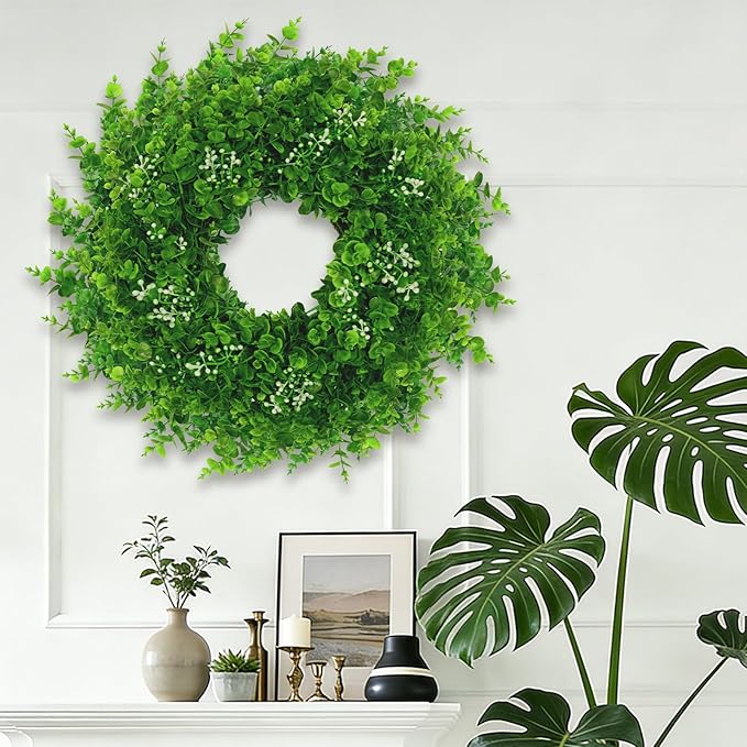 26'' Large Boxwood Wreath for Front Door Artificial Boxwood Leaves Greenery Outdoor Wreath for Porch Window Farmhouse Wall Home Decor Green Year Round Indoor Outdoor Spring Summer Fall All Seasons