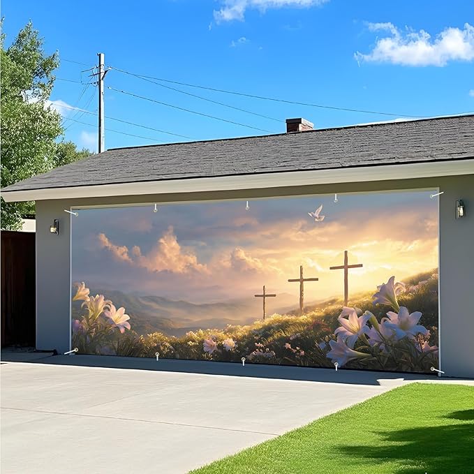 Easter Cross and Lilies Garage Door Banner 7x16FT, Religious Easter Decoration with Crosses and Lilies, Outdoor Spring Holiday Decoration for Yard and Garage