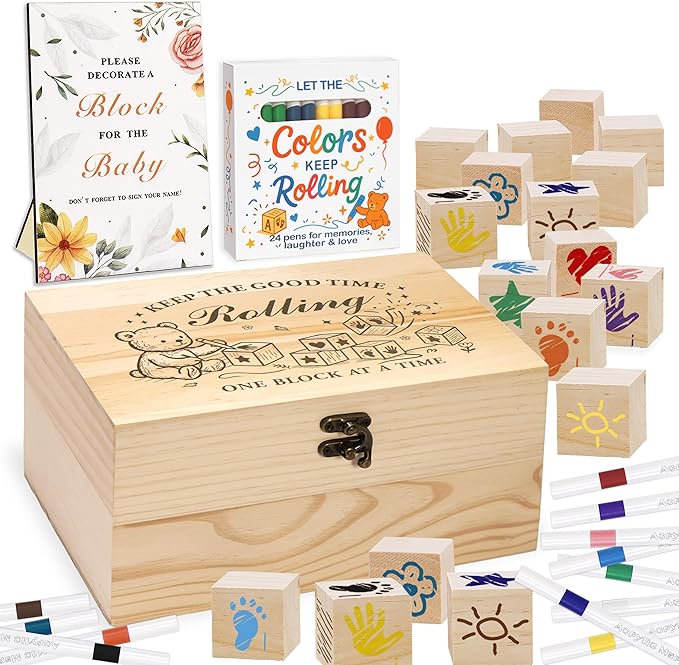 78 PCS Baby Shower Games Sign Kit for Boys Girls, Wooden Box and Sign, Blank Wooden Blocks for DIY Drawing, Markers, Baby Shower Game for Gender Reveal Activity, Baby Shower Ideas Decorations, Bear A