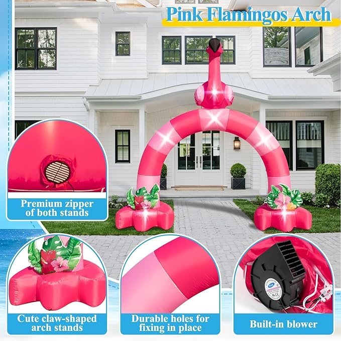 Eyourlife 12FT Pink Flamingo Inflatable Arch,Giant Blow-Up Flamingo Outdoor Decor with Built-in 6 LED Lights and 1Blower for Summer Yard Garden Birthday Luau Beach Party Take Photos