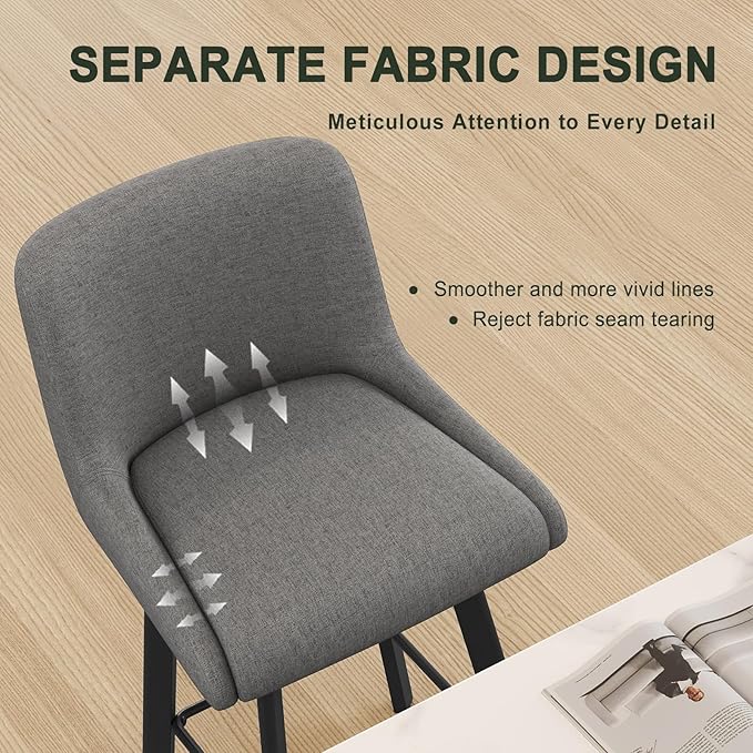 Swivel Bar Stools Set of 3, 29''H Upholstered Barstools with Backs, Modern Counter Height Bar Stool Chairs for Kitchen Island, Metal Legs, Fabric, Gray Counter Stools