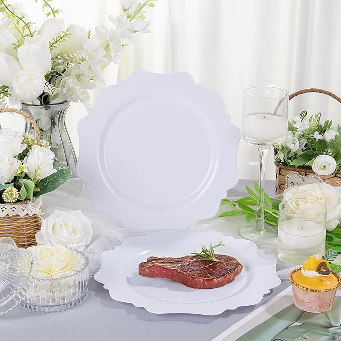 COLOSUS 60pcs White Plastic Party Dinner Plates - 9.5 Inch- Heavy Duty Disposable Plastic Dinner Plates for Party Thanksgiving and Everyday Use