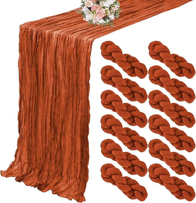 12 Pack Cheesecloth Table Runner 20 x 120 inch Cheese Cloth Table Runner Bulk,Romantic Boho Sheer Gauze Fabric Table Runners for Wedding Reception,Party,Bridal Shower Table Decor(Terracotta)