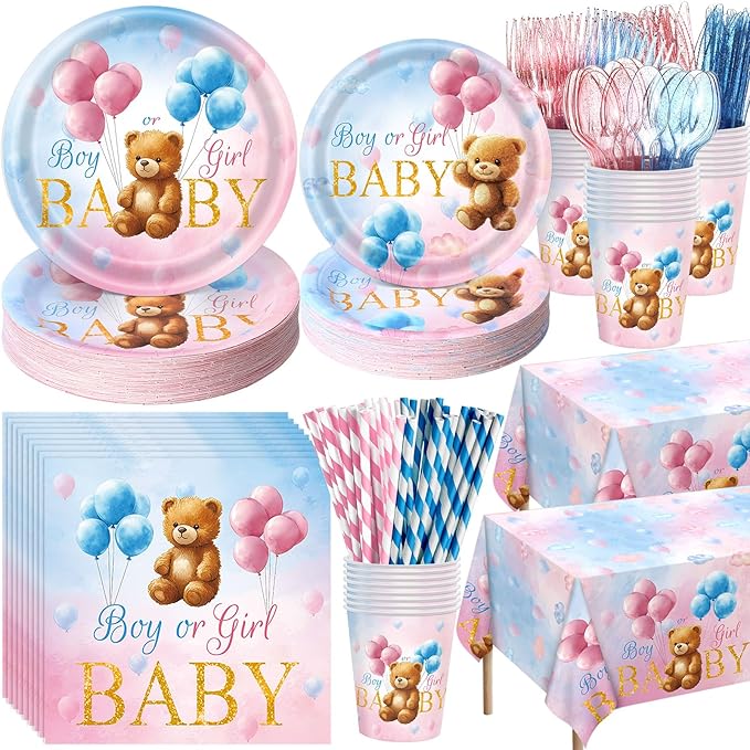 452 Pcs Bear Themed Gender Reveal Party Decorations for 50, Boy or Girl Gender Reveal Paper Plates Napkins Cups Tablecloth Cutlery Straws for Pink Blue Baby Shower Party Supplies