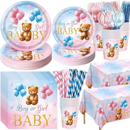452 Pcs Bear Themed Gender Reveal Party Decorations for 50, Boy or Girl Gender Reveal Paper Plates Napkins Cups Tablecloth Cutlery Straws for Pink Blue Baby Shower Party Supplies