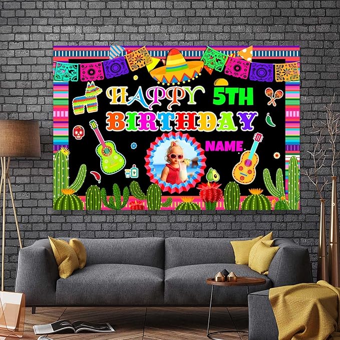 Custom Space Mexican Fiesta Carnival Happy Birthday Party Decorations Supplies Personalized Mexican Fiesta Carnival Birthday Backdrop Banner(5x7.5ft)
