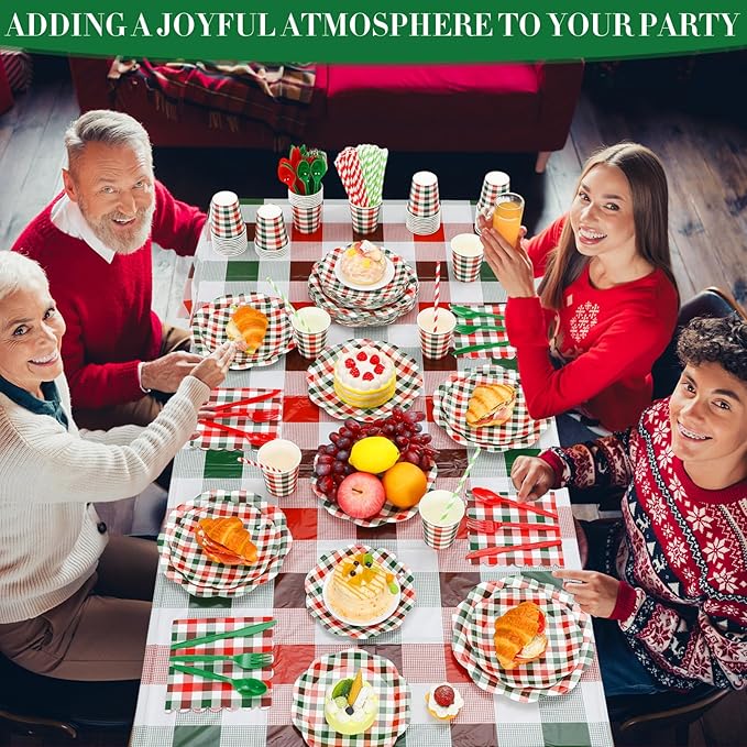 452 Pcs Red and Green Christmas Buffalo Plaid Party Supplies for 50, Scalloped Christmas Gingham Plaid Paper Plates Napkins Cups Tablecloth Cutlery Straws for Rustic Holiday Party Decoration