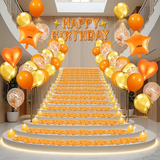 Orange Birthday Balloons Decorations Orange Happy Birthday Balloon Letters Banner with 6 Pcs Star Balloons Artificial Rose Petal 24 Flameless LED Candles for Room Hotel Party Decorations Supplies