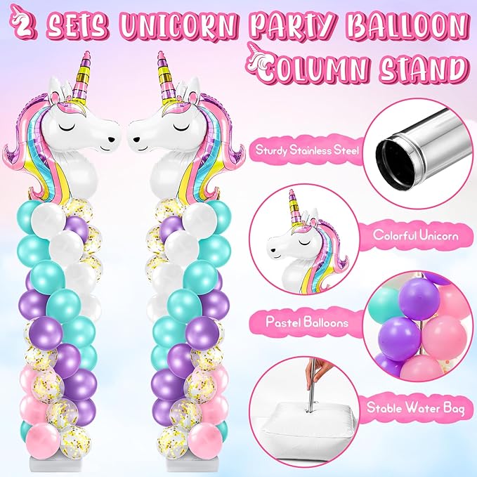 Kasyat 2 Set Party Balloon Column Stand Kit with 2 Balloons 100 Latex Balloons, Adjustable Balloon Stands Party Supplies for Girls Wedding Baby Shower Birthday (Unicorn, White)