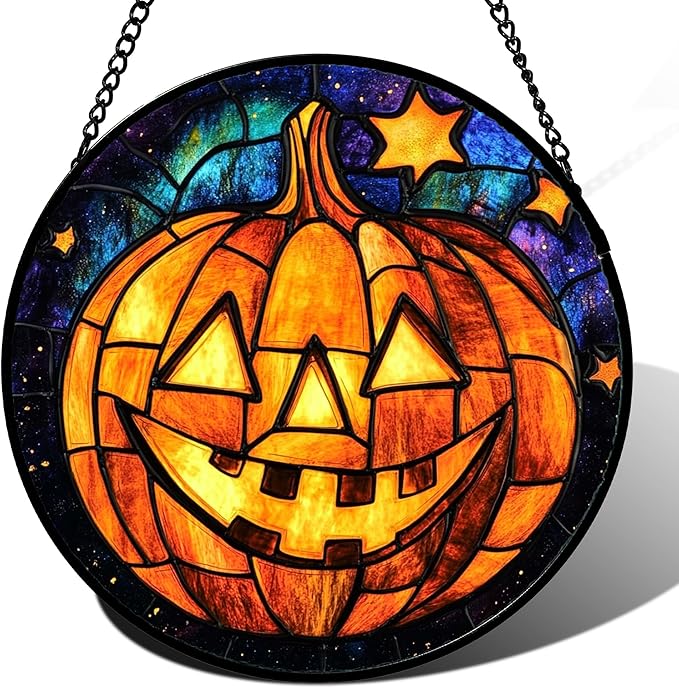 Stained Glass Window Hanging Halloween Horror Golden Pumpkin 9.8" - Suncatcher Door Garden Sunroom Gothic Style Sun Catcher Birthday for Friend Mom Men Woman Nana