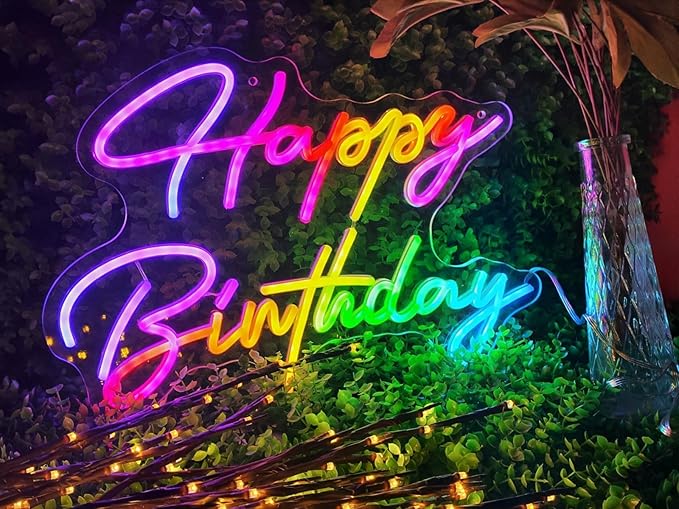 Ulalaza Smart RGB & Color Flow Effect Happy Birthday LED Neon Sign with Remote & App Control Music Sync Timer Setting LED Acrylic Light for Wall Party Décor Bedroom Bar Wedding Home Birthday USB Powered