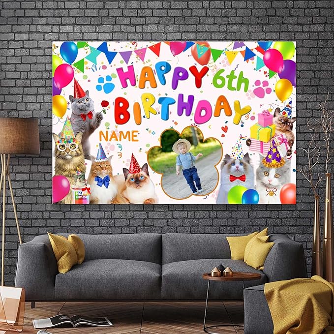 Custom Cat Happy Birthday Party Decorations Supplies Personalized Cat Happy Birthday Backdrop Banner(6x9ft)