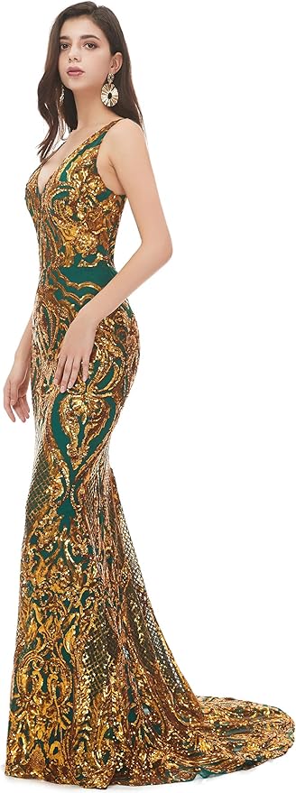 Women's Double V-Neck Sequins Lace-up Mermaid Evening Dress