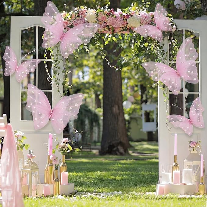 Geelin 6 Pcs Large Pink Pearl Butterfly Decorations Mariposas Grandes para Decoracion Big Butterfly Party Decor 20 Inch 12 Inch 3D Silk Butterflies for Baby Shower Birthday Party Wedding Decor