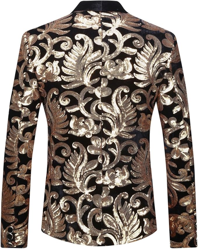 Men Fashion Velvet Sequins Floral Pattern Suit Jacket Blazer