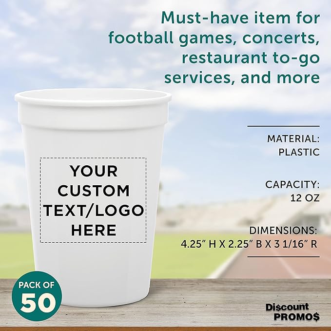 Custom Disposable Plastic Cups 12 oz. Set of 50, Personalized Bulk Pack - Perfect for Summer, Sporting Events, Birthdays, Weddings, Picnic, Beach, Parties - White