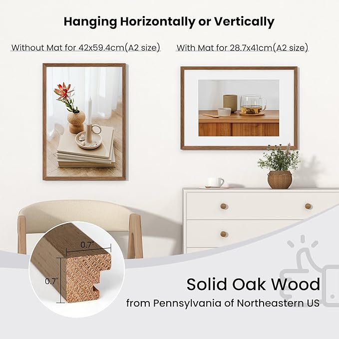 Axeman A2 Picture frame, Solid Oak Wood 16.5 x 23.5 inch Poster Frames with Mat 11.7 x 16.5 for Photo, A2 Size Frames Matted to A3 Print, 16.5 by 23.4 Hanging Frames, Tempered Glass, Walnut