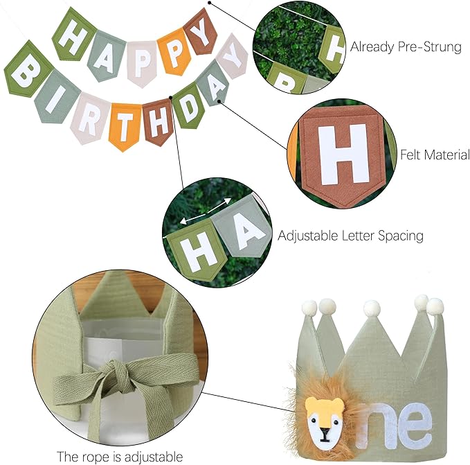 DCJHFJ Wild One High Chair Banner Brown Green Felt Happy Birthday Banner Pre-Strung Jungle Safari Birthday Party Decorations For 1st Boy Party Backdrop