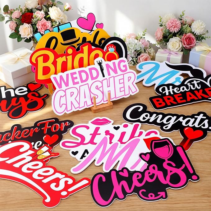 24 Pcs Wedding Photo Booth Props Single Sided 11.8" Funny Photo Booth Props Wedding Marriage Parties Decorations DIY Waterproof Selfie Signs PVC Printing for Reception Bridal Party Supplies