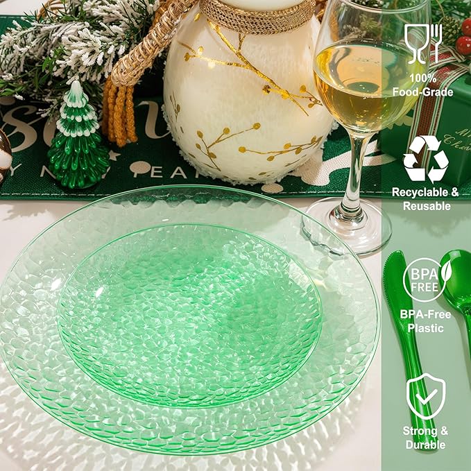 Rubtlamp 60Pcs Green Plastic Plates, Heavy Duty Disposable Plates With Hammered Design, Green Party Disposable Plate Include 30 Dinner Plate, 30 Salad Platos, Fancy Plastic Platos