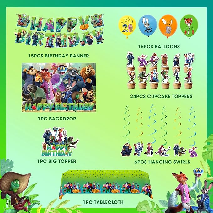 Zootopia Birthday Party Decorations Set - 1 Backdrop (39" x 59"), 1 Big Topper, 1 Tablecloth, 15 Birthday Banner, 24 Cupcake Toppers, 16 Balloons, 6 Hanging Swirls - JungleThemed Game Celebration