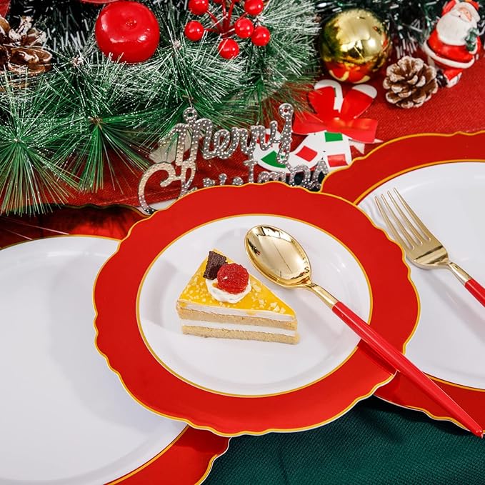 WDF 30Guest Red Plastic Plates - Gold Plastic Silverware With Red Handle - Red Plates Disposable- Baroque Plastic Dinnerware for Party Valentine's Day