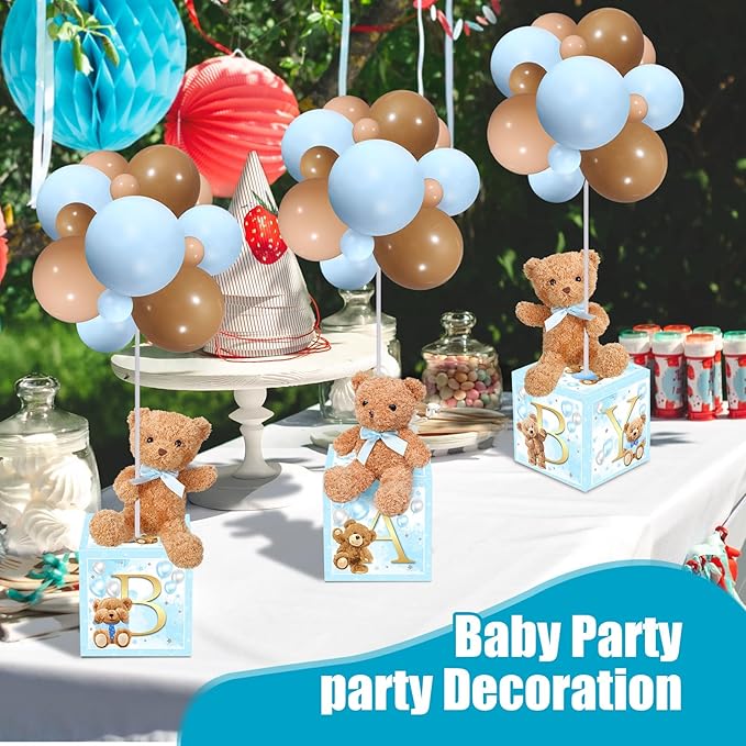 Lenwen 6 Sets Baby Letter Boxes Decorations Table Centerpieces for Baby Shower Gender Reveal,Bear Stuffed Animals Balloon with Stand Plush Toy Boxes for Birthday Party Wedding(Bear,Blue)