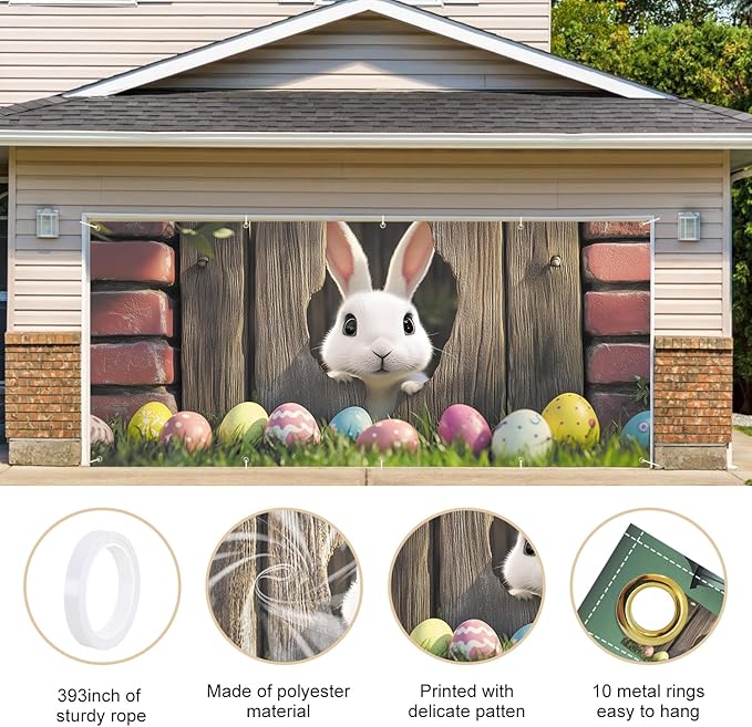 Easter Bunny Peeking Through Fence Garage Door Banner 7x16FT, Cute Bunny & Colorful Eggs, Outdoor Spring Decoration for Easter & Holiday Season