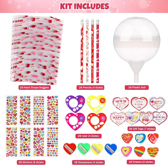 POPGIFTU Valentine Classroom Exchange Gifts for Kids – 28 Pack Lollipop-Shaped Stationery with Cards, Pencils, Erasers, Rulers & Stickers for Boys and Girls, Party Favors for School