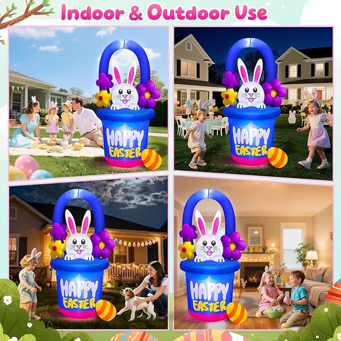 Danxilu 6 FT Easter Inflatables Outdoor Decorations, Cute Blow Up Easter Bunny in Flower Basket for Outside, Built in LED Lights Holiday Inflatable Yard Decoration for Spring Party Indoor Garden Lawn