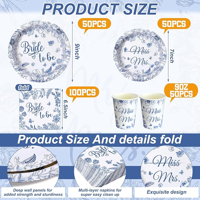 Zhehao 250 Pcs Bride to Be Bridal Shower Plates Napkins Sets 50 Pcs 9'' Dinner Plates and 7'' Dessert Plate and 9oz Cups 100 Napkins Serves 50 Party Supplies Bridal Shower Engagement Decoration