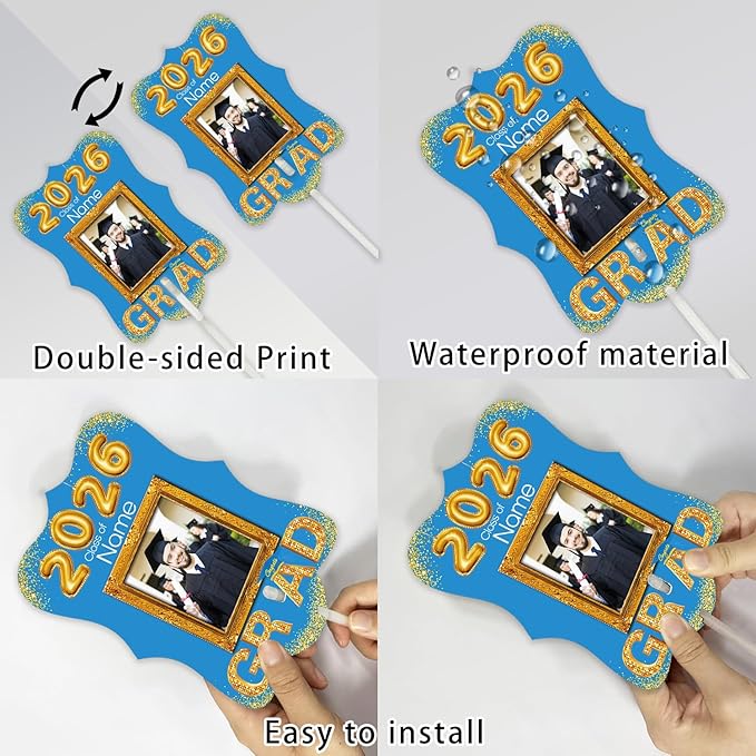 Personalized Graduation Double Sided Face Fan Class of 2026 Customized Graduation Head Face Cutout with Handle Fun Photo Prop Supplies(A-Sky Blue and Gold,12pcs)