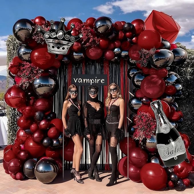 Red Black Party Balloon Kit 2pack Foil Fringe Curtains,Square Foil Wine Bottle Crown Balloons Doubled Burgundy Black Balloon Arch for Birthday Bachelorette Gothic Vampire Celebration Wine Party Decor